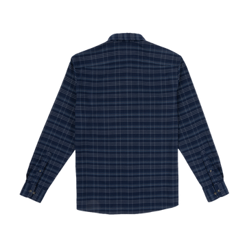 The Sturgeon navy blue plaid long sleeve shirt back view