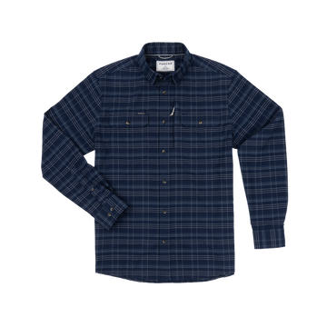 The Sturgeon navy blue plaid button-up shirt with long sleeves