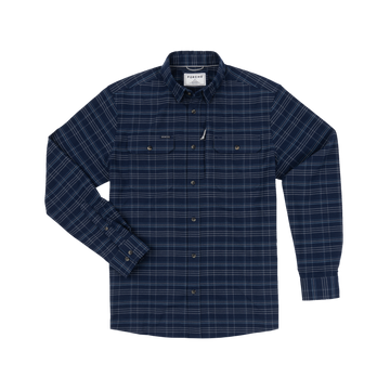 The Sturgeon navy plaid long sleeve button down shirt displayed against a dark background