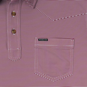 The Top Row red and white striped shirt with button placket and chest pocket labeled Poncho