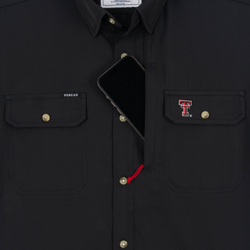 Phone in chest zipper pocket of shirt