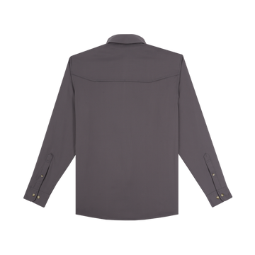 The Tripletail shirt shown from the back in dark gray with long sleeves and buttoned cuffs.