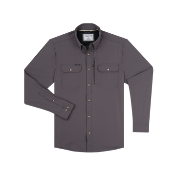 The Tripletail long-sleeve shirt in muted gray with buttoned chest pockets, designed for Outdoors wear.