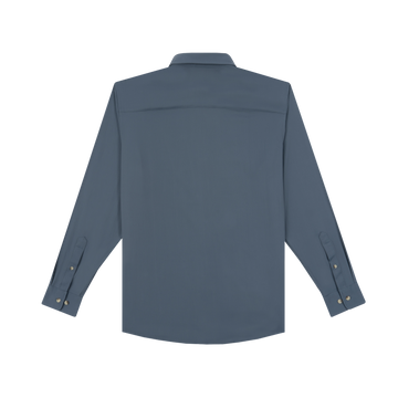 The Undertow men's outdoor shirt in slate blue with long sleeves and snap cuffs, back view