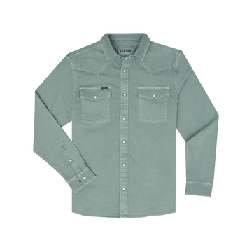 The Ventura shirt in muted green with button closures and two flap chest pockets, laid flat.