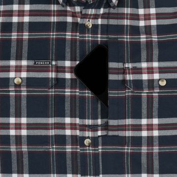 Close-up of The Willamette plaid shirt with hidden phone pocket and button details