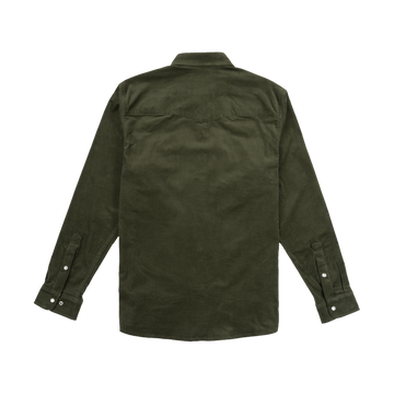 The Zilker shirt in dark green, displayed from the back, with long sleeves and buttoned cuffs.