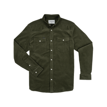 The Zilker long-sleeve olive green shirt with button-up front and two chest pockets from Poncho Outdoors