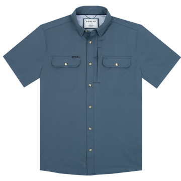 Short-sleeve blue button-up shirt with two buttoned chest pockets and a collar, laid flat.