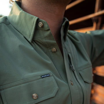 closeup of man wearing green tuff-thread shirt