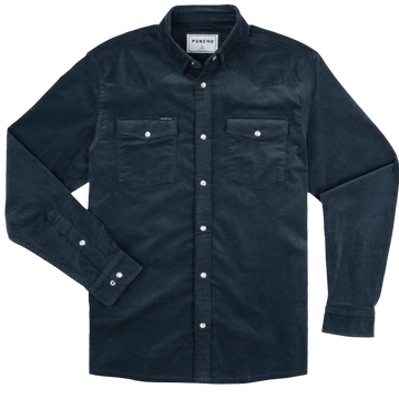 Dark blue long-sleeve button-up shirt with two chest pockets and white snap buttons laid flat on a white background.
