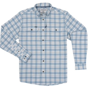 Light blue and white plaid button-up shirt with long sleeves and chest pockets laid flat on a white background