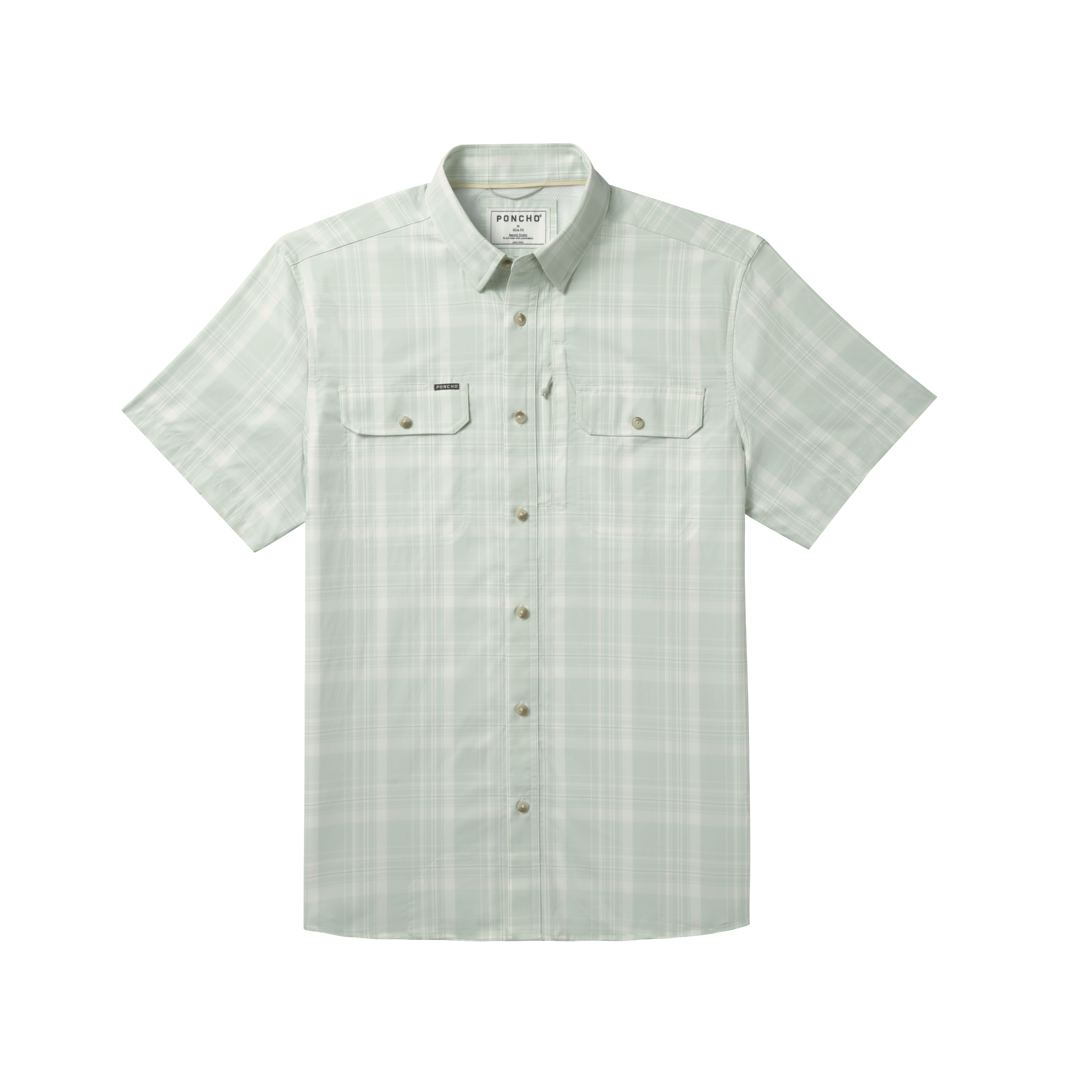 Front of green plaid button down shirt