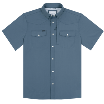 Blue short-sleeve button-up shirt with two flap chest pockets and a small zippered pocket on the left side