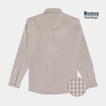 back of brown plaid pearl snap button down