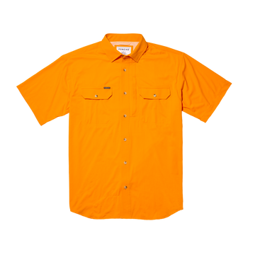 Front of button down bright orange shirt