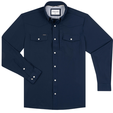 Navy blue long-sleeve button-up shirt with two chest pockets and snap closures, laid flat.