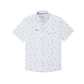 White short sleeve button up shirt with scattered abstract pattern and two chest pockets