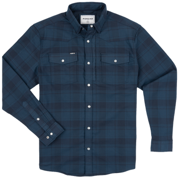 Navy blue plaid button-up shirt with chest pockets and white snap buttons laid flat on white background.
