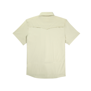 back of short sleeve tan tuff-thread shirt