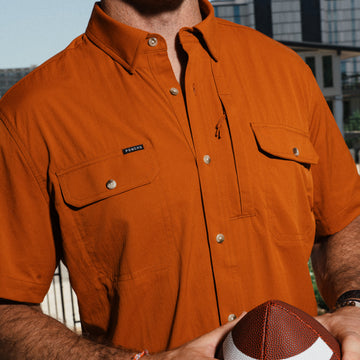 closeup of man wearing The Smokey shirt