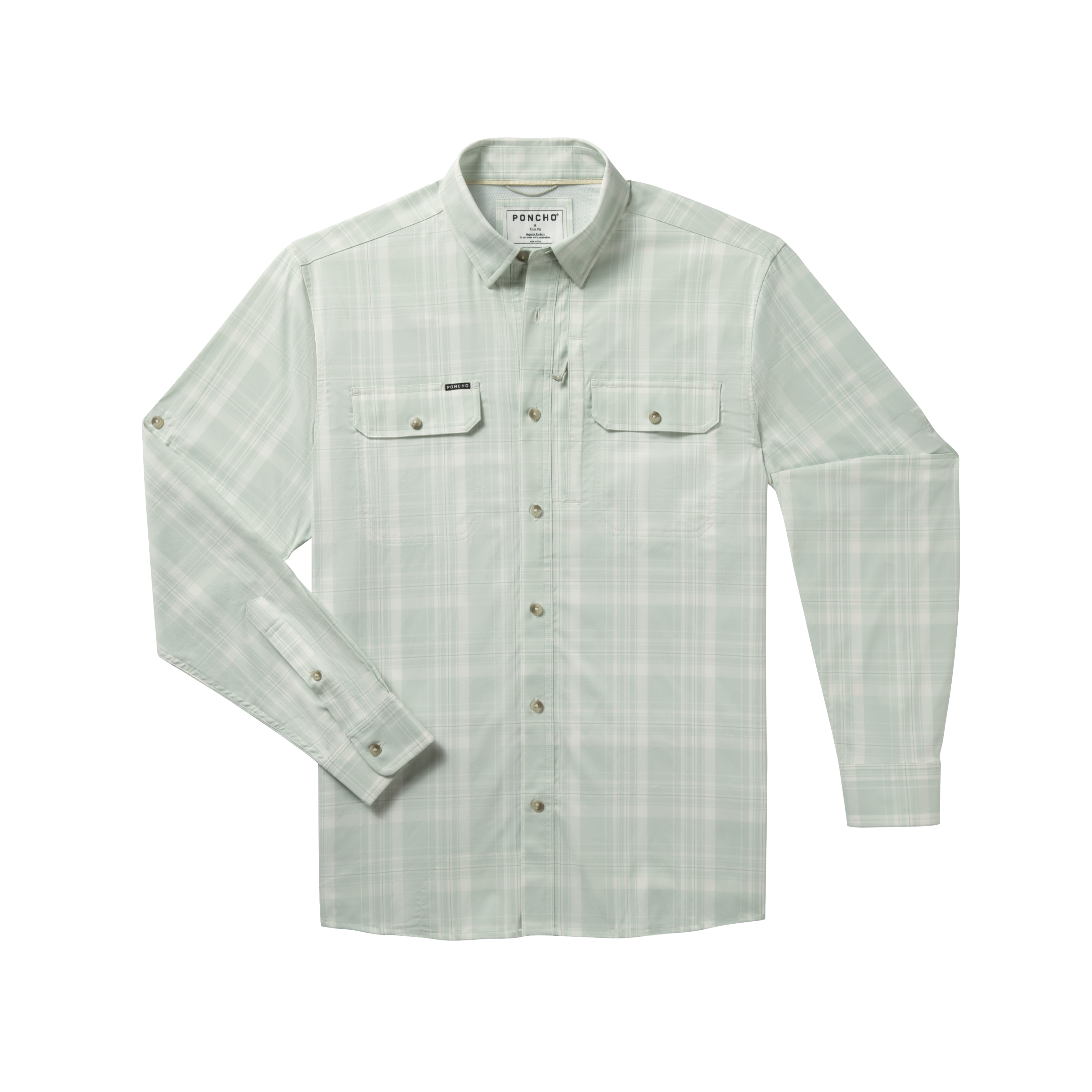 Button down green plaid fishing shirt