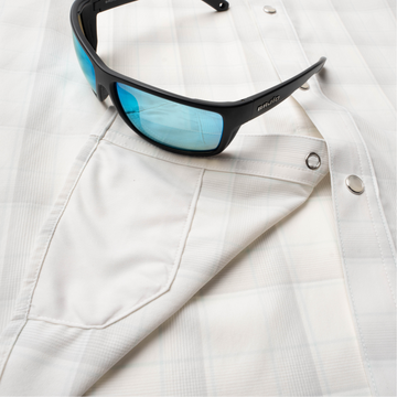 Closeup of sunglasses with lens cleaner on shirt