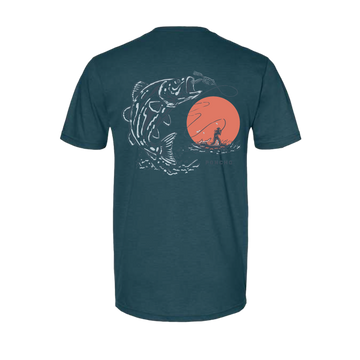 The Topwater T-Shirt with fishing graphic and orange sun backdrop