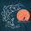 Illustration of a large fish jumping out of water as a fisherman casts a line against an orange sun background with the word Poncho.