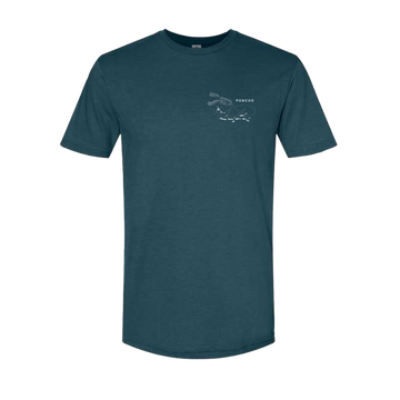 The Topwater T-Shirt in dark teal with a small white fishing graphic and Poncho Outdoors logo