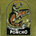 Illustration of a man in a hat riding a large jumping trout while holding a steaming mug, with the text "Made for the outdoors" and "Poncho" below.