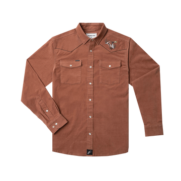 Brown long sleeve button up shirt with two chest pockets and a small bird emblem