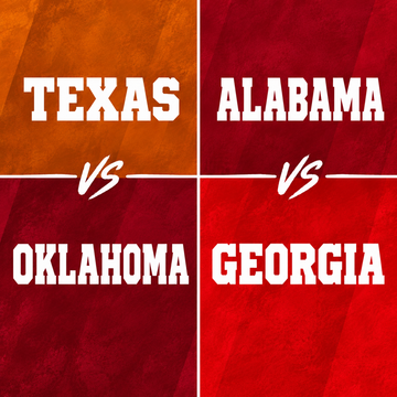 Four panel graphic showing Texas versus Alabama and Oklahoma versus Georgia in bold white lettering