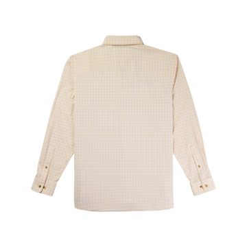 back view of peach plaid long sleeve shirt