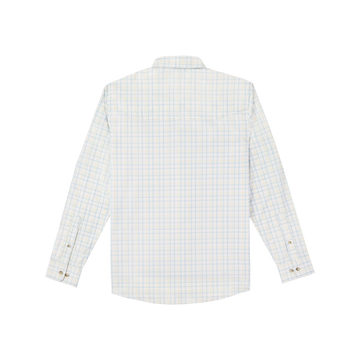 back view of blue , yellow, and white plaid shirt