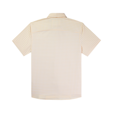 back view of peach plaid short sleeve shirt