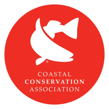Coastal Conservation Association logo with a white leaping fish silhouette on a red circular background