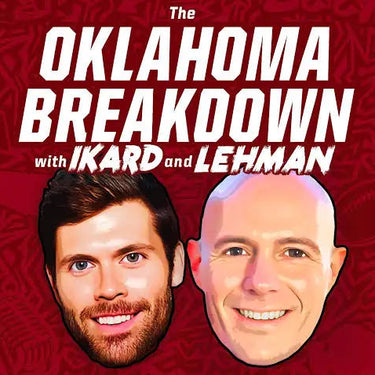 Stylized graphic of two men's faces on a red background with bold text reading The Oklahoma Breakdown with Ikard and Lehman.