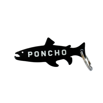 Keychain Bottle Opener shaped like a black fish with silver carabiner and PONCHO lettering