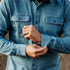 The Franklin men's blue denim long sleeve outdoor shirt with two button chest pockets