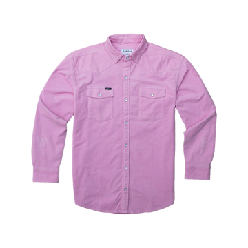 Pink long-sleeve button-down shirt with two chest pockets and a collared neckline
