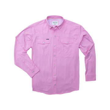 Pink long sleeve shirt with button closure, pointed collar, and two chest pockets