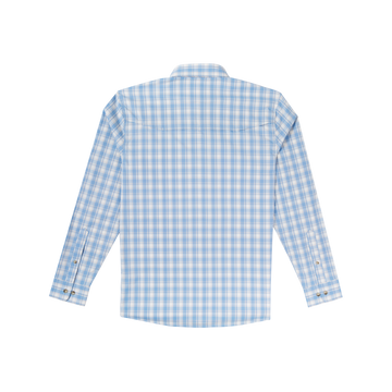 back view of long sleeve blue plaid shirt