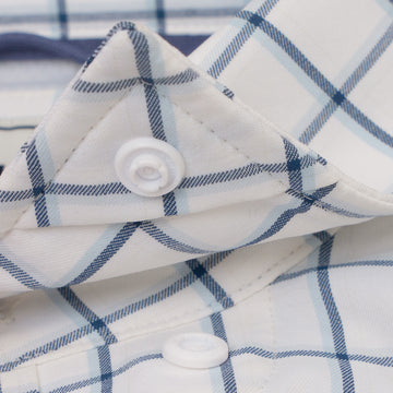 Hidden snap collar on blue plaid shirt