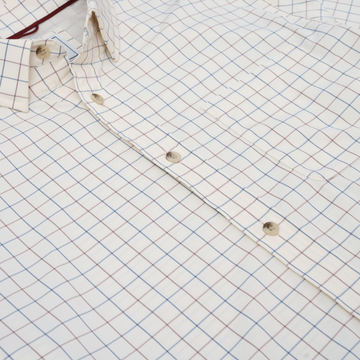 Close up of button down blue and red plaid