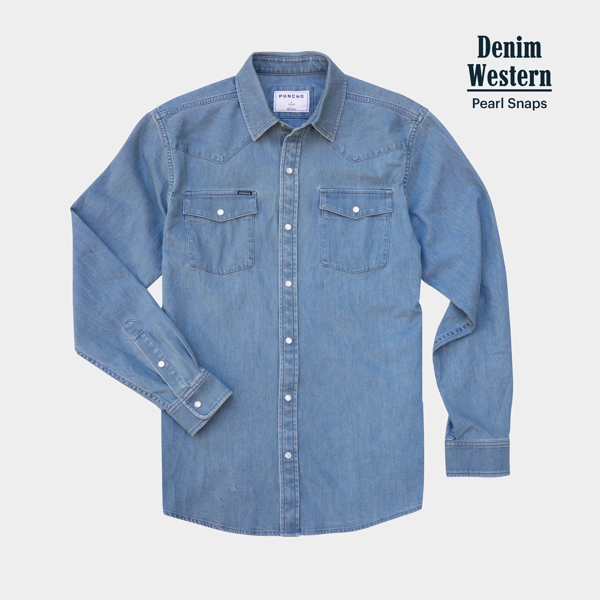 medium wash denim pearl snap shirt