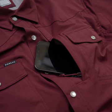 closeup chest pocket maroon pearl snap shirt