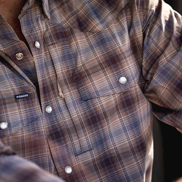 closeup of brown blue plaid shirt