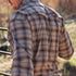 back of brown blue plaid shirt