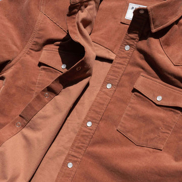 closeup of auburn corduroy shirt